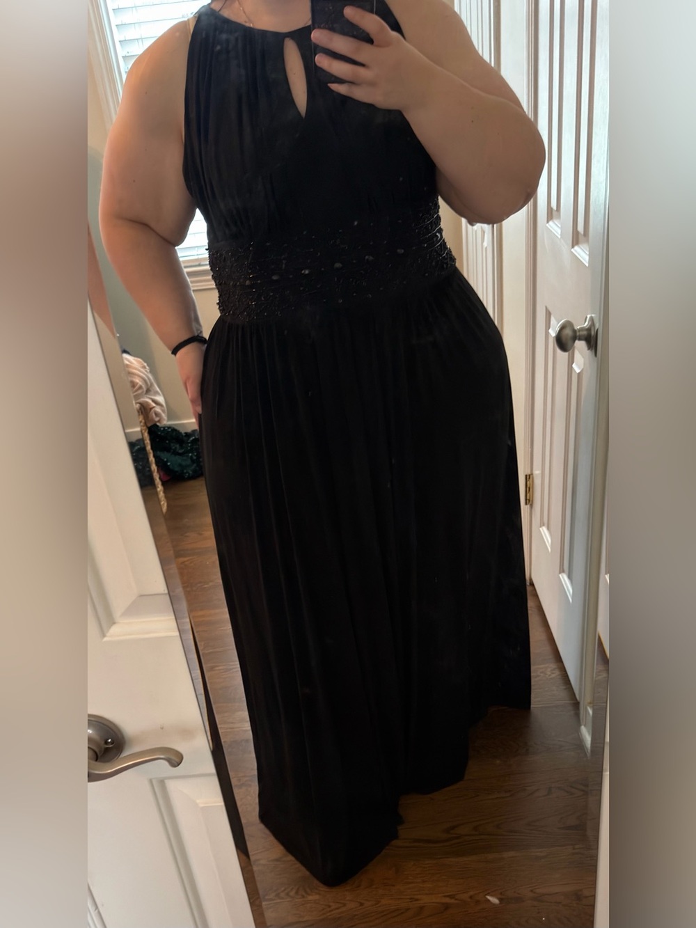 Jessica Howard Black Strapless Evening Gown with Beaded Waist